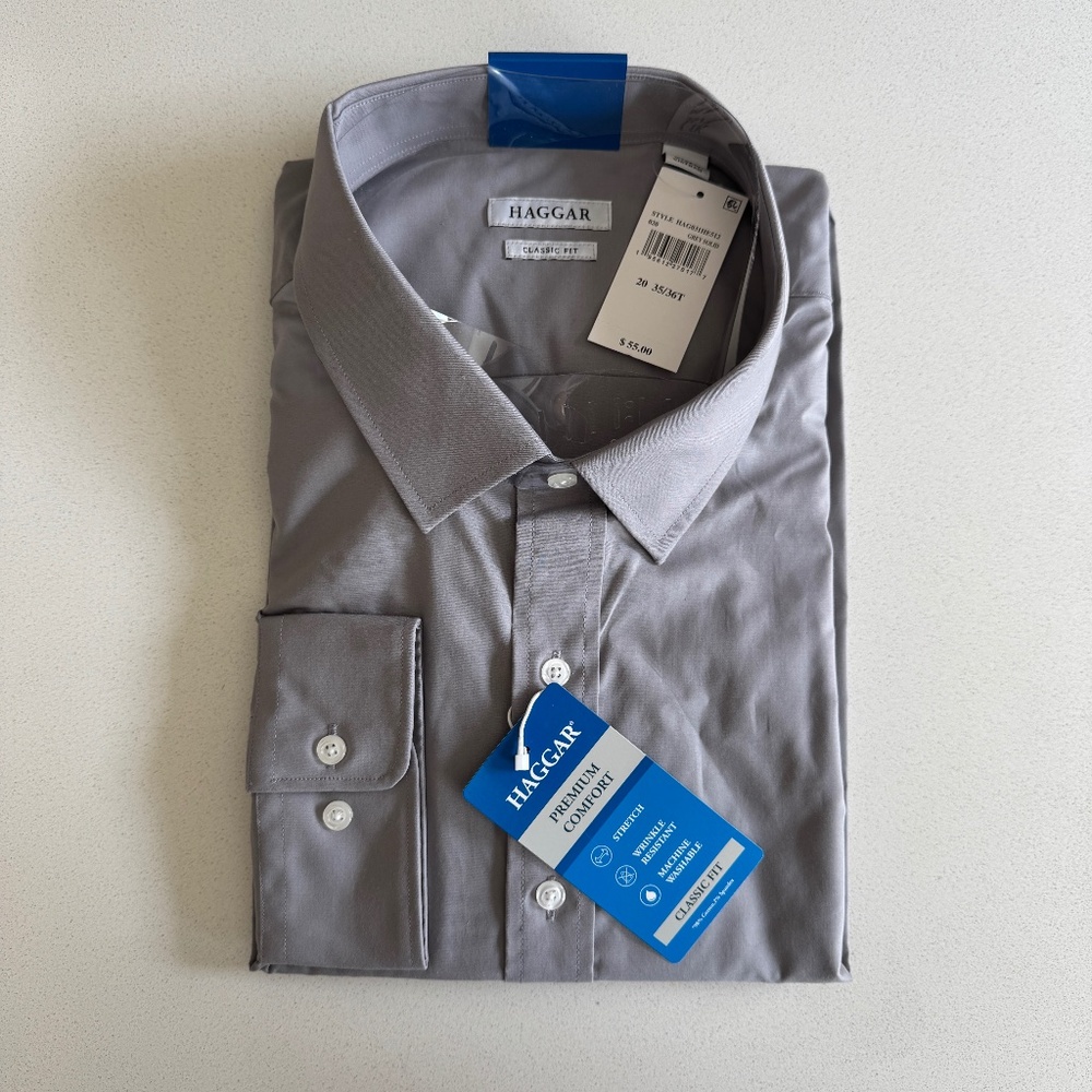 Haggar Classic Fit Men's 20 35/36 Tall Premium Comfort Charcoal Dress Shirt Grey
